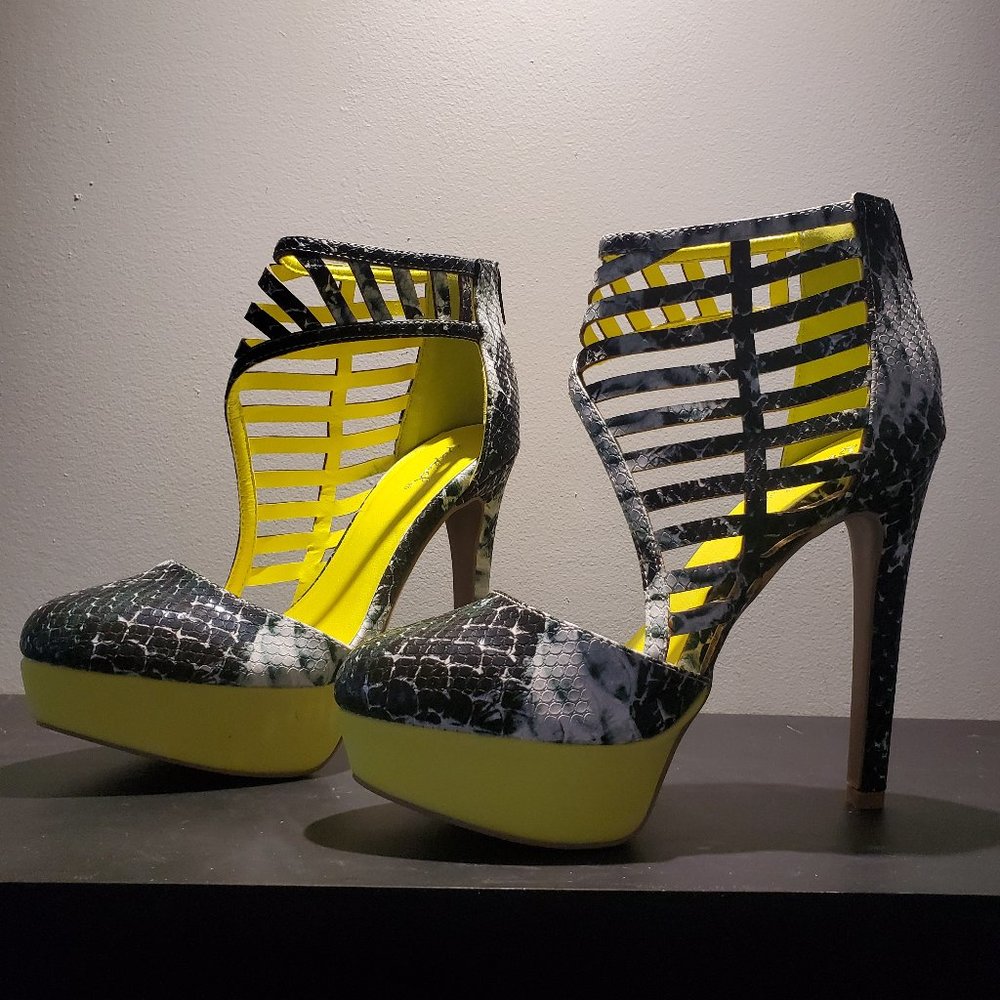 Neon yellow and snake print platform heels